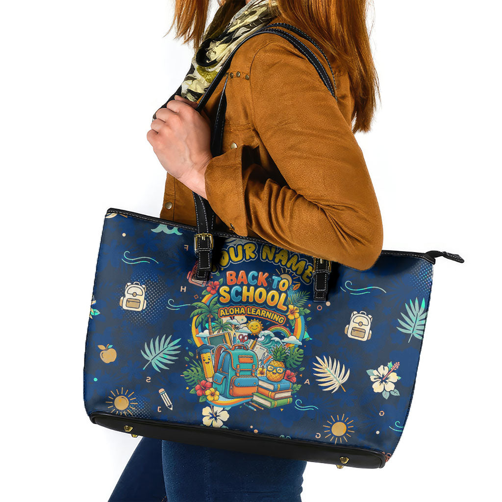 Personalized Hawaii Back To School Aloha Learning Leather Tote Bag Retro Rainbow open Notebook with Pineapple and Hibiscus Flowers TS04 Blue - Polynesian Pride