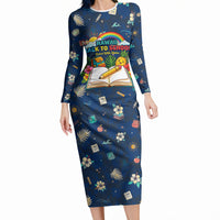 Personalized Hawaii Back To School Aloha Learning Long Sleeve Bodycon Dress Retro Rainbow open Notebook with Pineapple and Hibiscus Flowers TS04 Long Dress Blue - Polynesian Pride