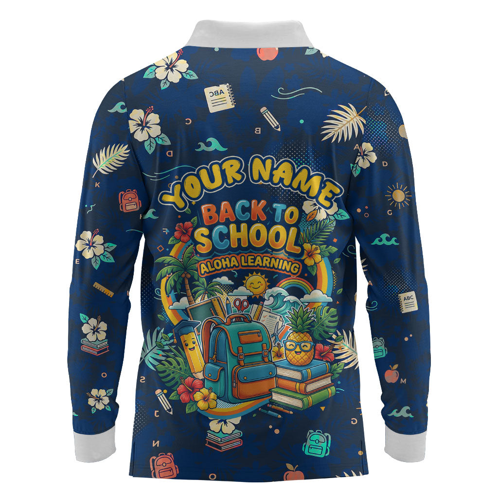 Personalized Hawaii Back To School Aloha Learning Long Sleeve Polo Shirt Retro Rainbow open Notebook with Pineapple and Hibiscus Flowers TS04 - Polynesian Pride