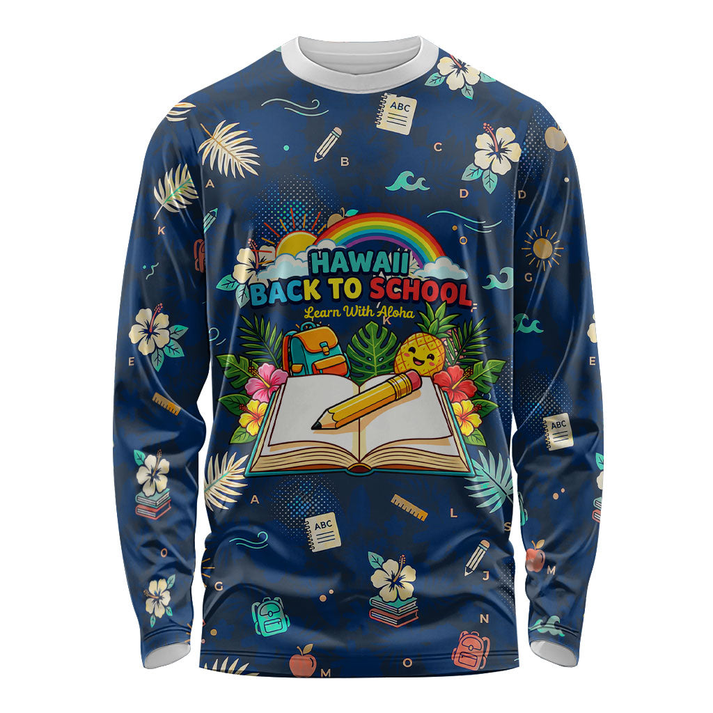Personalized Hawaii Back To School Aloha Learning Long Sleeve Shirt Retro Rainbow open Notebook with Pineapple and Hibiscus Flowers TS04 Unisex Blue - Polynesian Pride