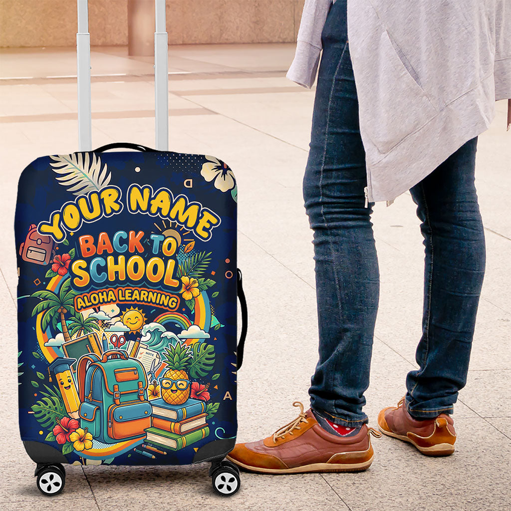 Personalized Hawaii Back To School Aloha Learning Luggage Cover Retro Rainbow open Notebook with Pineapple and Hibiscus Flowers TS04 Blue - Polynesian Pride