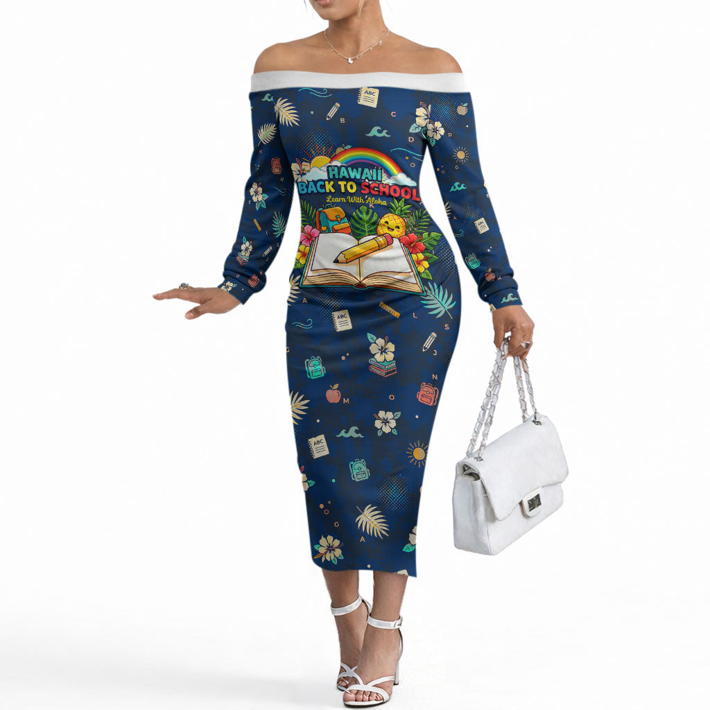 Personalized Hawaii Back To School Aloha Learning Off The Shoulder Long Sleeve Dress Retro Rainbow open Notebook with Pineapple and Hibiscus Flowers TS04 Women Blue - Polynesian Pride