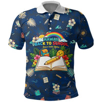 Personalized Hawaii Back To School Aloha Learning Polo Shirt Retro Rainbow open Notebook with Pineapple and Hibiscus Flowers TS04 Blue - Polynesian Pride