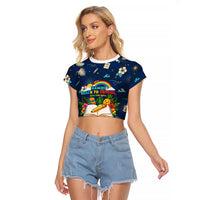 Personalized Hawaii Back To School Aloha Learning Raglan Cropped T Shirt Retro Rainbow open Notebook with Pineapple and Hibiscus Flowers TS04 Female Blue - Polynesian Pride
