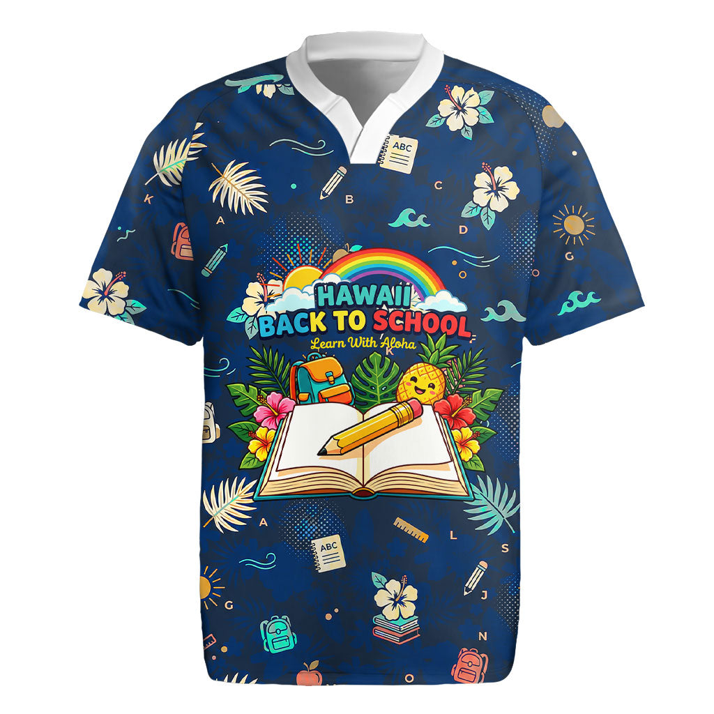 Personalized Hawaii Back To School Aloha Learning Rugby Jersey Retro Rainbow open Notebook with Pineapple and Hibiscus Flowers TS04 Blue - Polynesian Pride