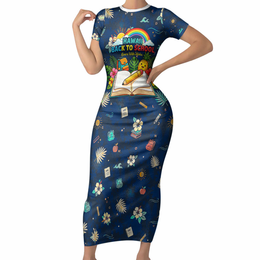 Personalized Hawaii Back To School Aloha Learning Short Sleeve Bodycon Dress Retro Rainbow open Notebook with Pineapple and Hibiscus Flowers TS04 Long Dress Blue - Polynesian Pride