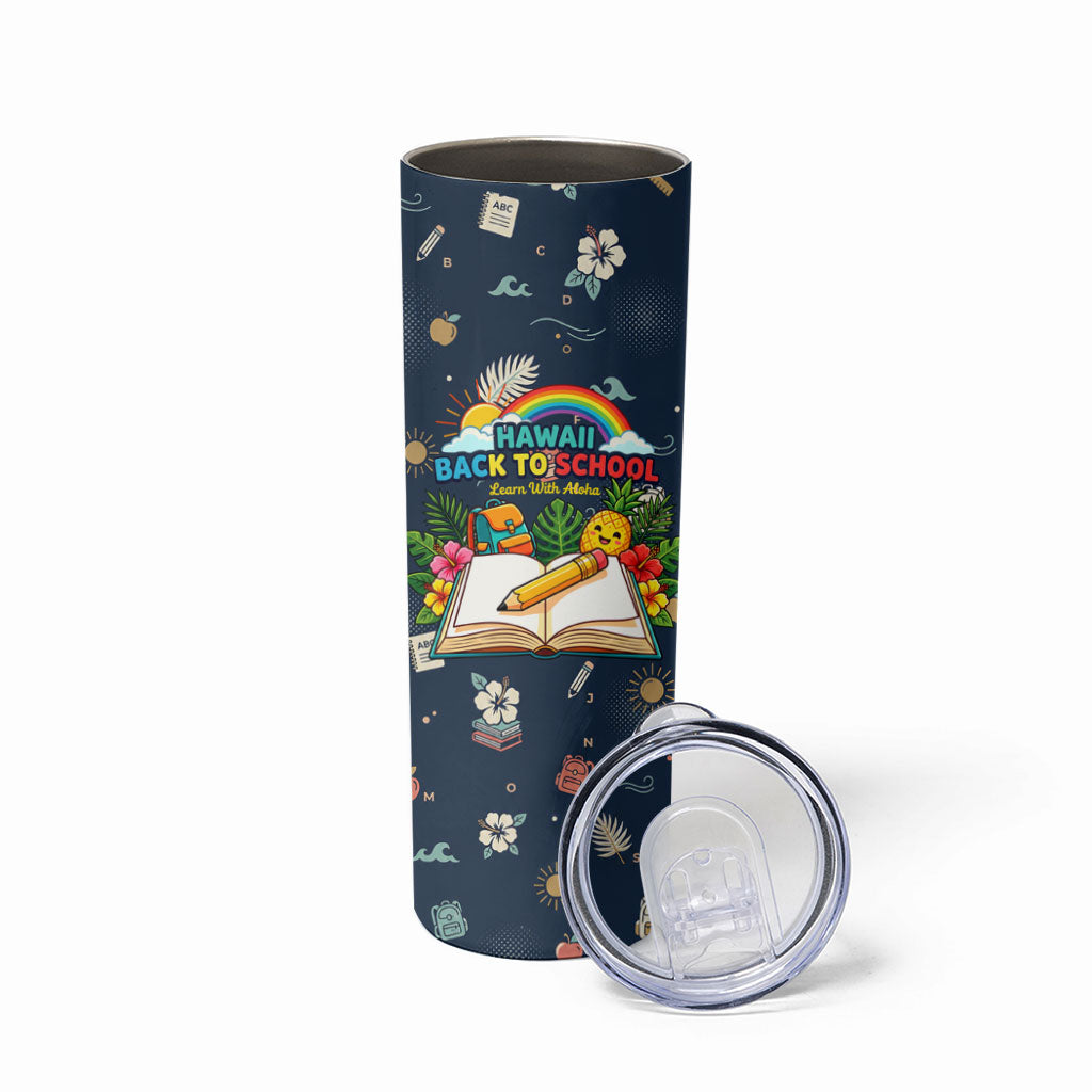 Personalized Hawaii Back To School Aloha Learning Skinny Tumbler Retro Rainbow open Notebook with Pineapple and Hibiscus Flowers TS04 - Polynesian Pride