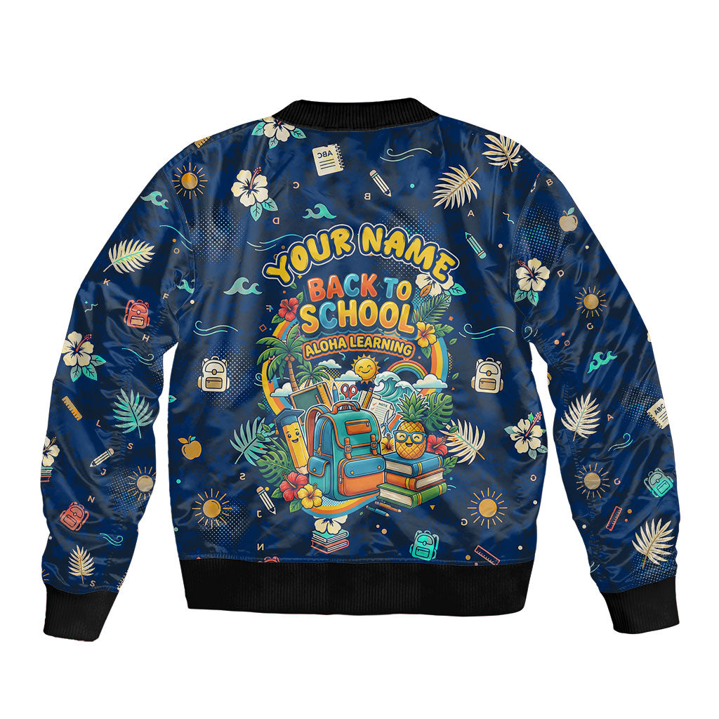 Personalized Hawaii Back To School Aloha Learning Sleeve Zip Bomber Jacket Retro Rainbow open Notebook with Pineapple and Hibiscus Flowers TS04 - Polynesian Pride