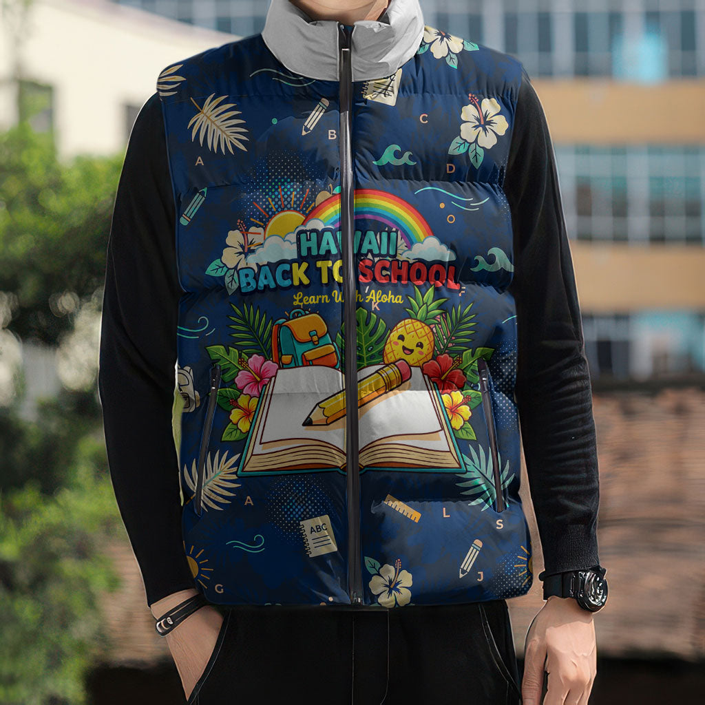 Personalized Hawaii Back To School Aloha Learning Sleeveless Puffer Jacket Retro Rainbow open Notebook with Pineapple and Hibiscus Flowers TS04 - Polynesian Pride