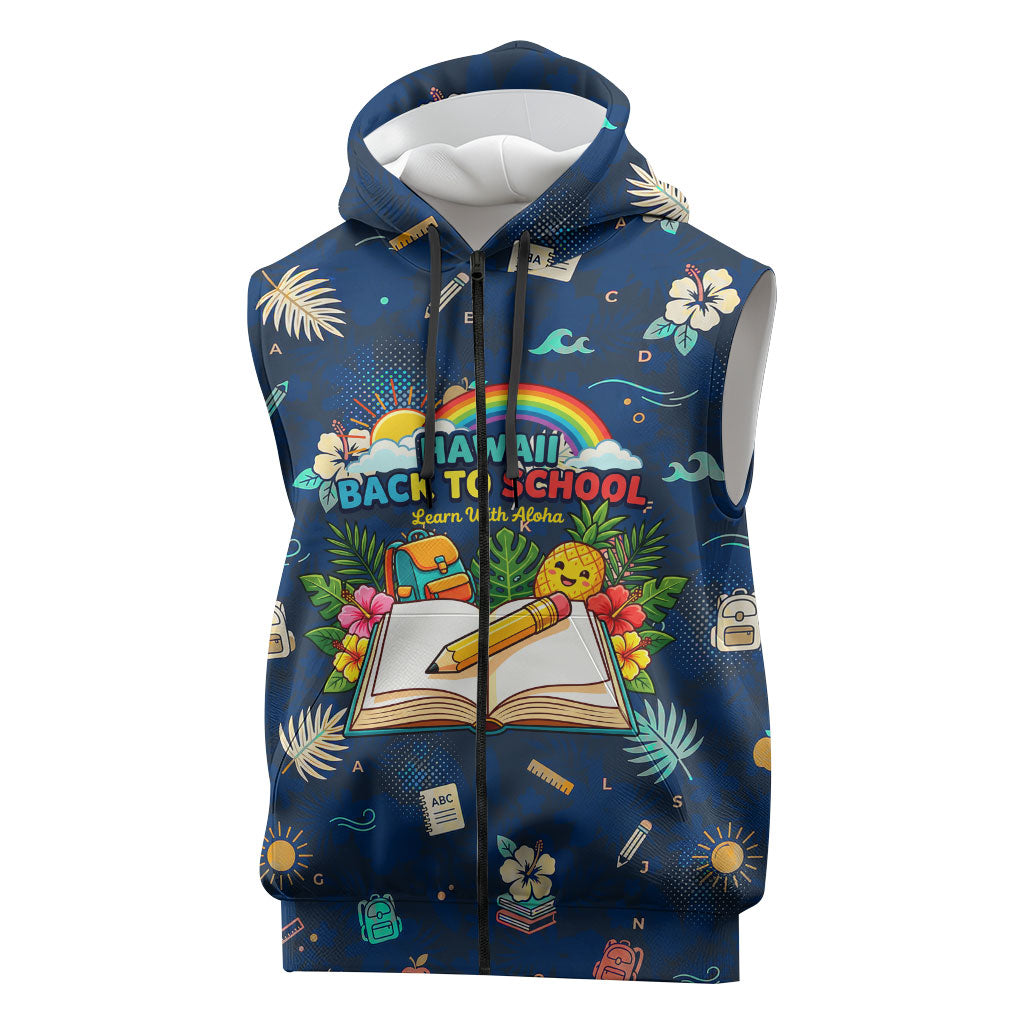 Personalized Hawaii Back To School Aloha Learning Sleeveless Zip Hoodie Retro Rainbow open Notebook with Pineapple and Hibiscus Flowers TS04 Blue - Polynesian Pride