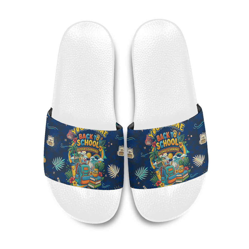 Personalized Hawaii Back To School Aloha Learning Slide Sandals Retro Rainbow open Notebook with Pineapple and Hibiscus Flowers TS04 Blue - Polynesian Pride