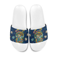 Personalized Hawaii Back To School Aloha Learning Slide Sandals Retro Rainbow open Notebook with Pineapple and Hibiscus Flowers TS04 Blue - Polynesian Pride