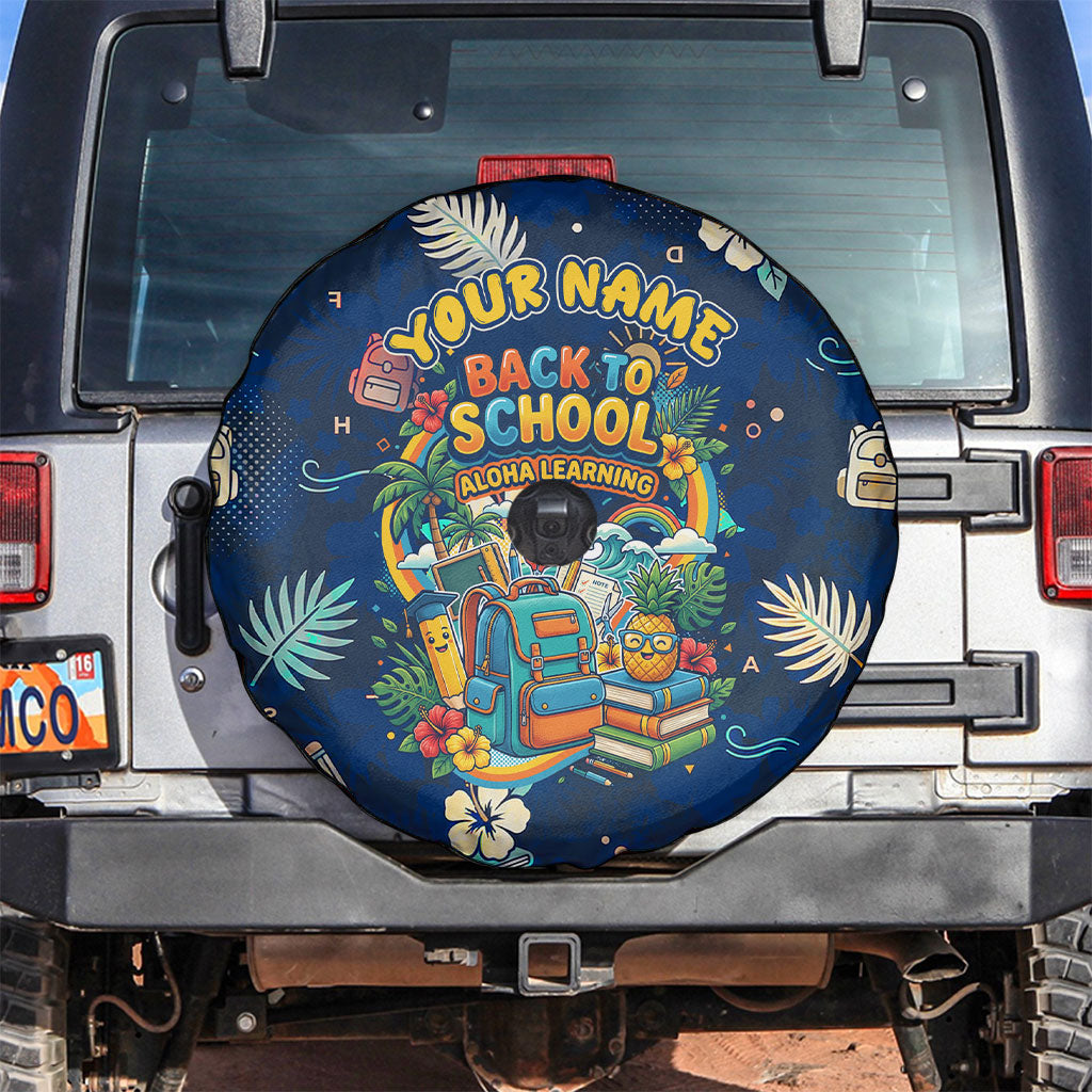 Personalized Hawaii Back To School Aloha Learning Spare Tire Cover Retro Rainbow open Notebook with Pineapple and Hibiscus Flowers TS04 Blue - Polynesian Pride
