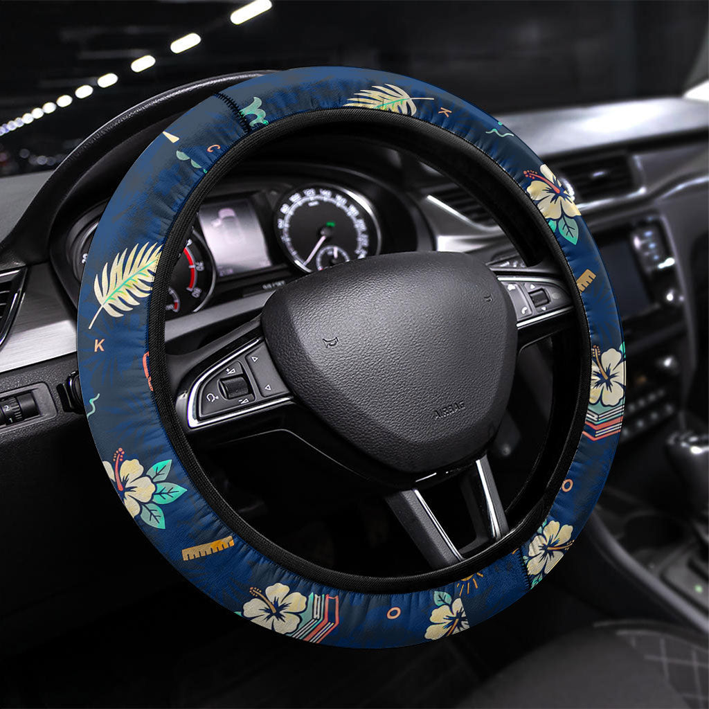 Hawaii Back To School Aloha Learning Steering Wheel Cover Retro Rainbow open Notebook with Pineapple and Hibiscus Flowers TS04 Universal Fit Blue - Polynesian Pride