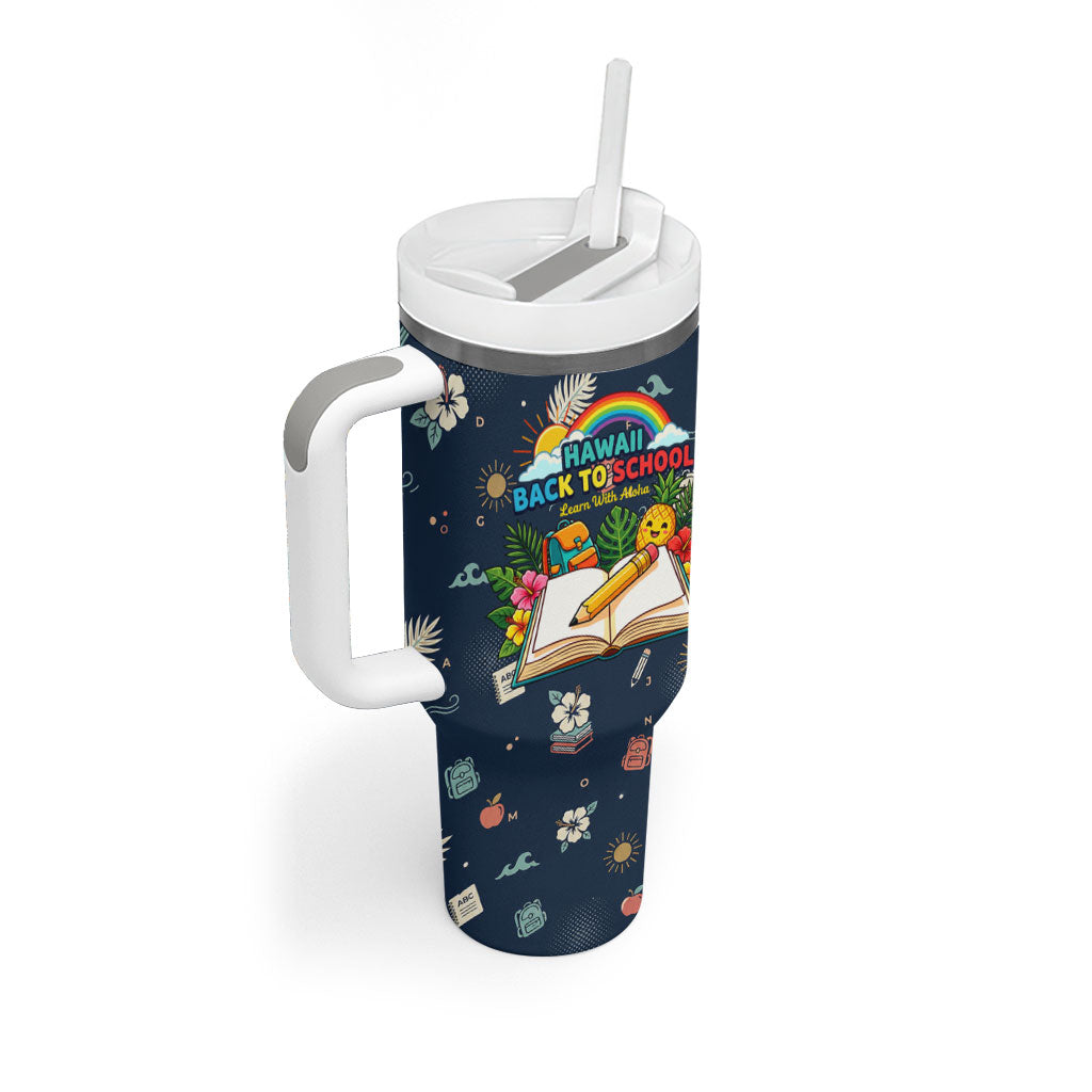 Personalized Hawaii Back To School Aloha Learning Tumbler With Handle Retro Rainbow open Notebook with Pineapple and Hibiscus Flowers TS04 - Polynesian Pride
