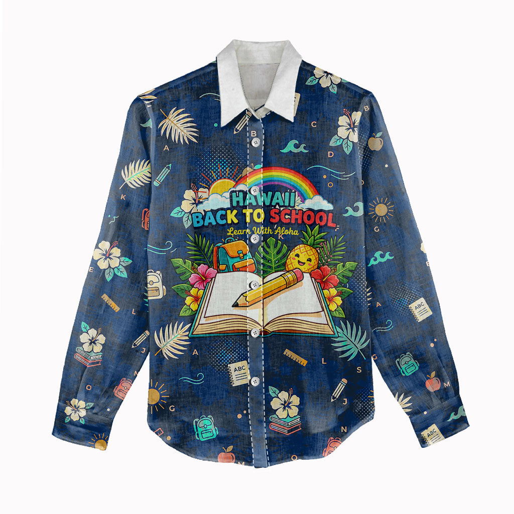 Personalized Hawaii Back To School Aloha Learning Women Casual Shirt Retro Rainbow open Notebook with Pineapple and Hibiscus Flowers TS04 - Polynesian Pride
