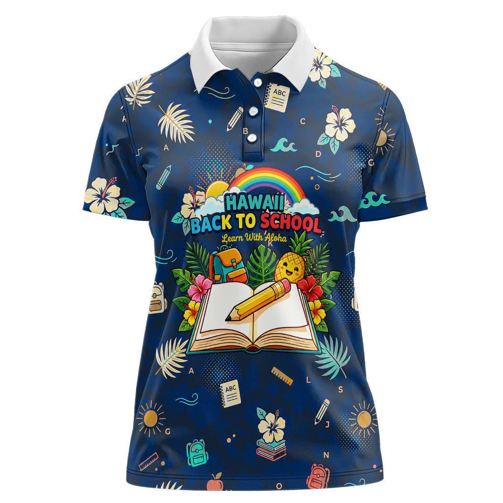Personalized Hawaii Back To School Aloha Learning Women Polo Shirt Retro Rainbow open Notebook with Pineapple and Hibiscus Flowers TS04 Female Blue - Polynesian Pride