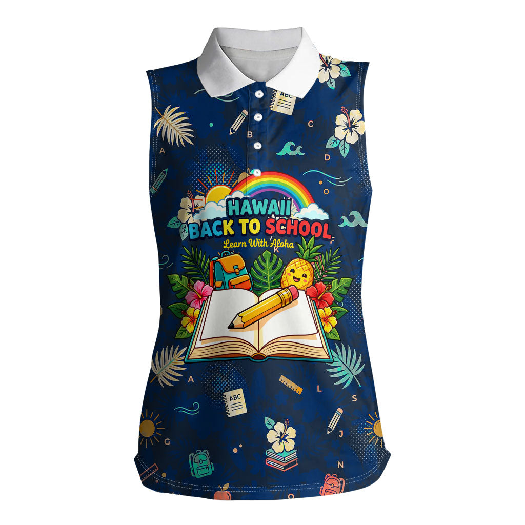 Personalized Hawaii Back To School Aloha Learning Women Sleeveless Polo Shirt Retro Rainbow open Notebook with Pineapple and Hibiscus Flowers TS04 Female Blue - Polynesian Pride