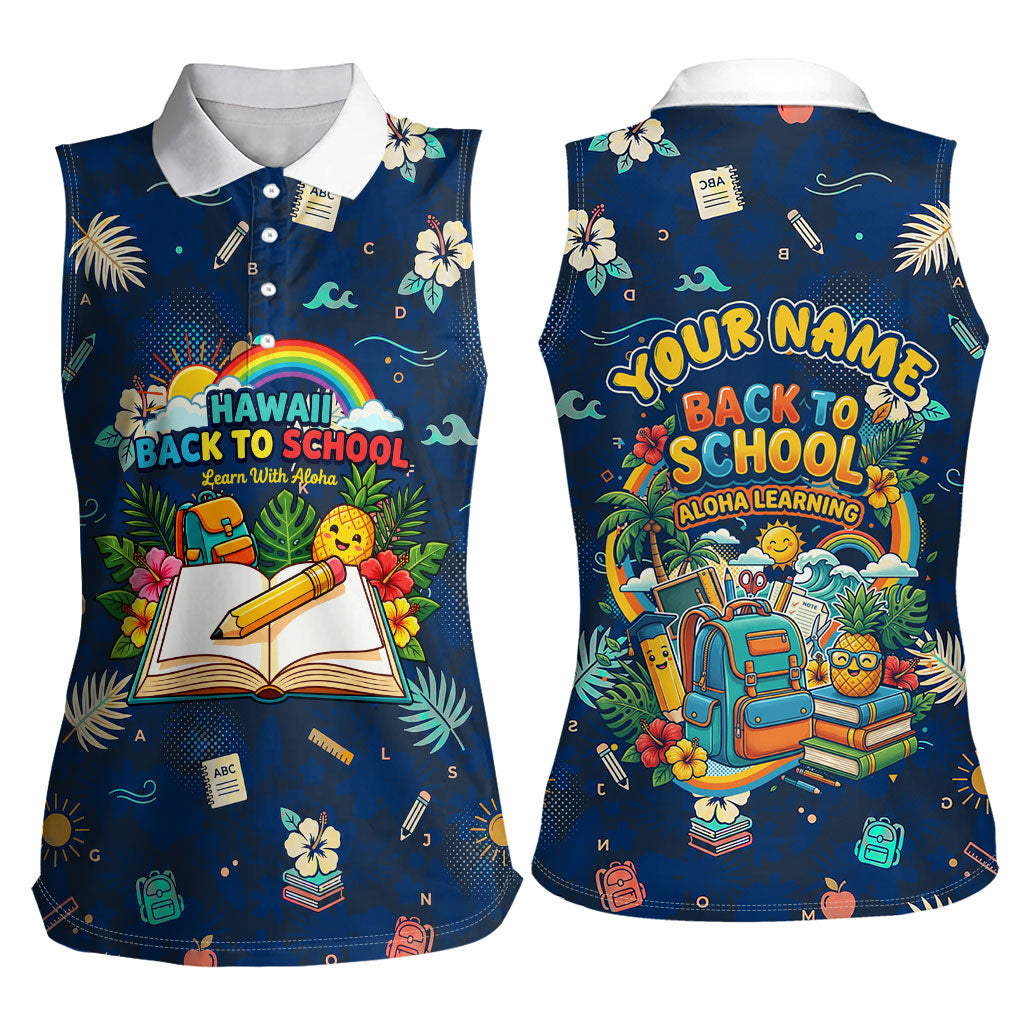 Personalized Hawaii Back To School Aloha Learning Women Sleeveless Polo Shirt Retro Rainbow open Notebook with Pineapple and Hibiscus Flowers TS04 - Polynesian Pride