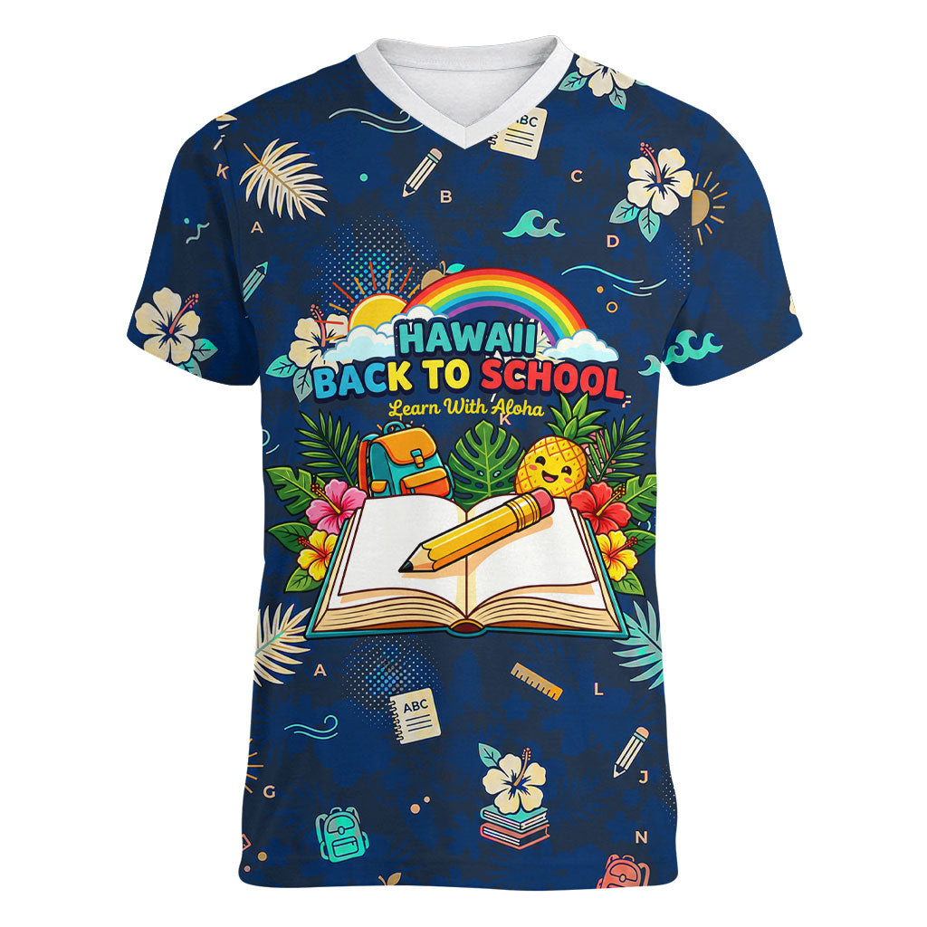 Personalized Hawaii Back To School Aloha Learning Women V-Neck T-Shirt Retro Rainbow open Notebook with Pineapple and Hibiscus Flowers TS04 Female Blue - Polynesian Pride