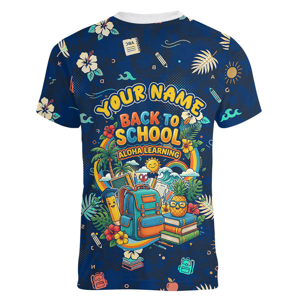Personalized Hawaii Back To School Aloha Learning Women V-Neck T-Shirt Retro Rainbow open Notebook with Pineapple and Hibiscus Flowers TS04 - Polynesian Pride