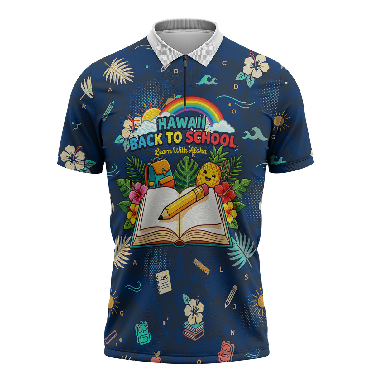 Personalized Hawaii Back To School Aloha Learning Zipper Polo Shirt Retro Rainbow open Notebook with Pineapple and Hibiscus Flowers TS04 Blue - Polynesian Pride