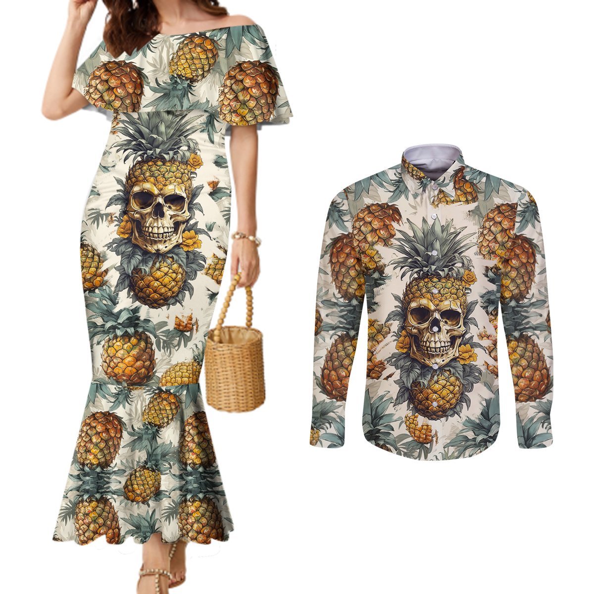 Pineapple Skull Couples Matching Mermaid Dress and Long Sleeve Button Shirts Summer Paradise TS04 - Polynesian Pride