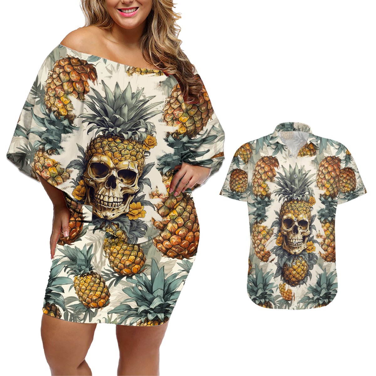 Pineapple Skull Couples Matching Off Shoulder Short Dress and Hawaiian Shirt Summer Paradise TS04 - Polynesian Pride