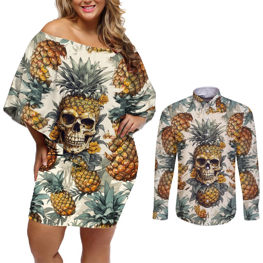 Pineapple Skull Couples Matching Off Shoulder Short Dress and Long Sleeve Button Shirts Summer Paradise TS04 - Polynesian Pride