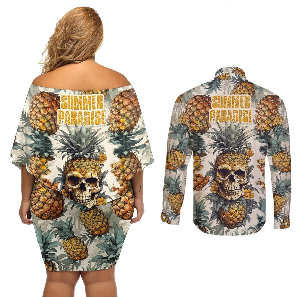 Pineapple Skull Couples Matching Off Shoulder Short Dress and Long Sleeve Button Shirts Summer Paradise TS04 Multicolor - Polynesian Pride