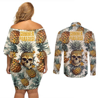 Pineapple Skull Couples Matching Off Shoulder Short Dress and Long Sleeve Button Shirts Summer Paradise TS04 Multicolor - Polynesian Pride