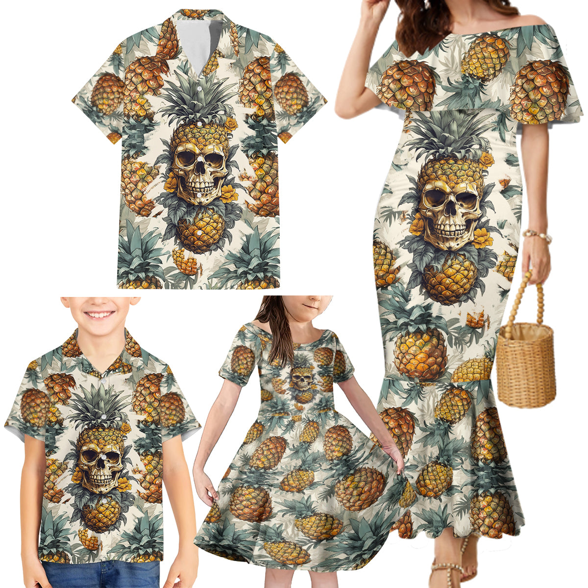 Pineapple Skull Family Matching Mermaid Dress and Hawaiian Shirt Summer Paradise TS04 - Polynesian Pride