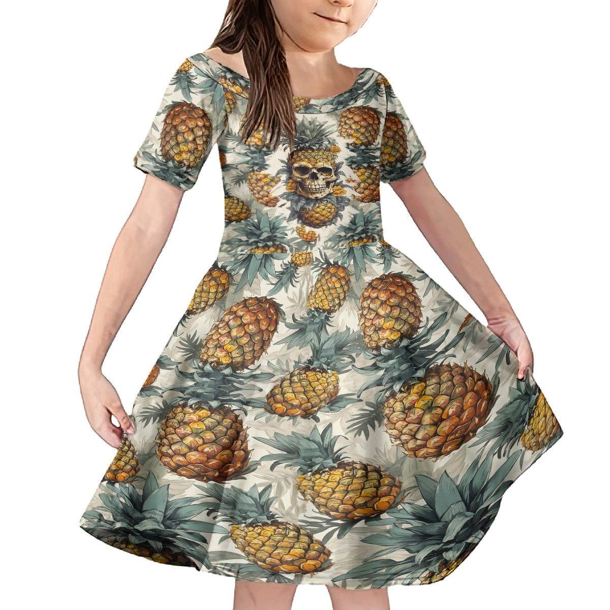 Pineapple Skull Family Matching Off Shoulder Maxi Dress and Hawaiian Shirt Summer Paradise TS04 Daughter's Dress Multicolor - Polynesian Pride