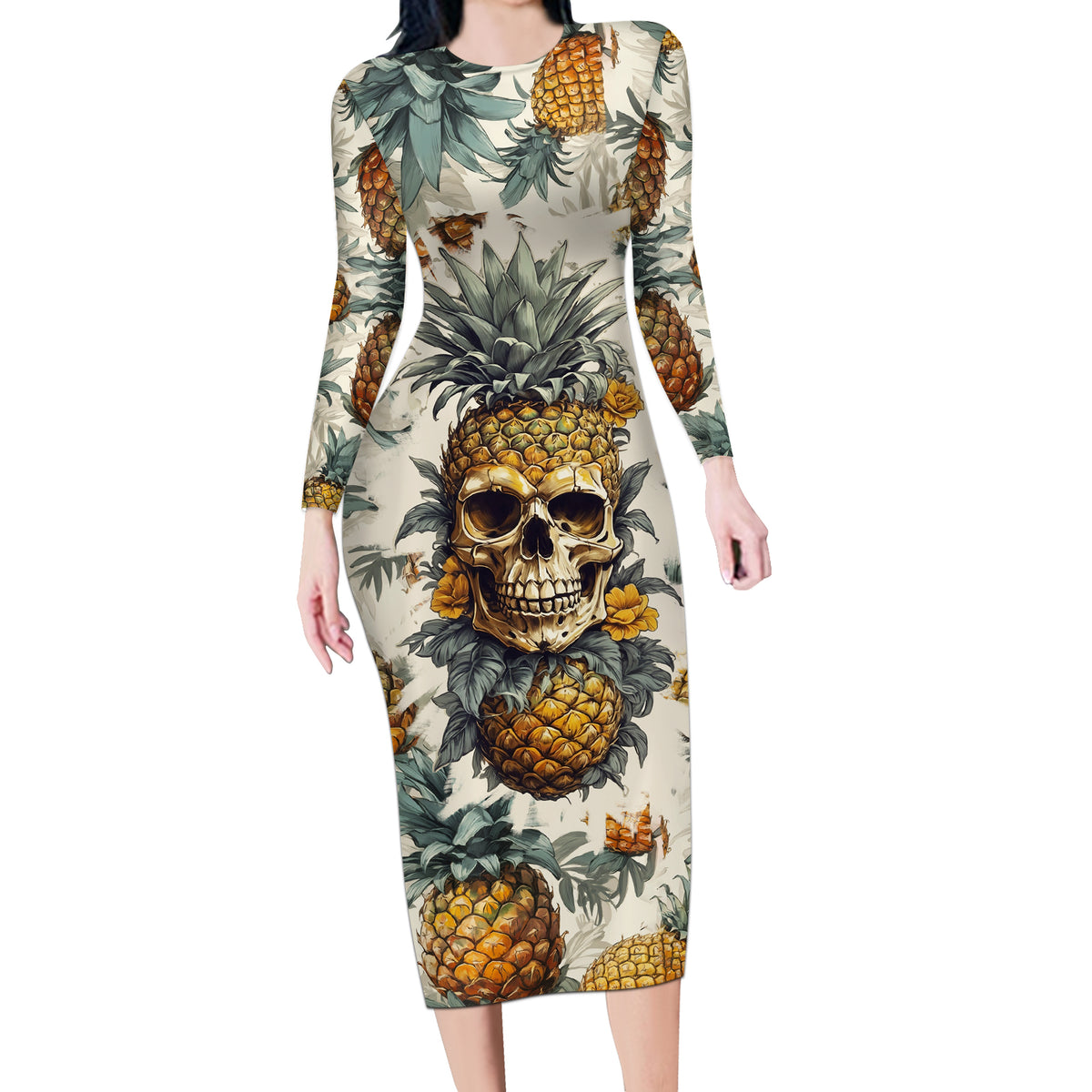 Pineapple Skull Long Sleeve Bodycon Dress Summer Paradise TS04 - Polynesian Pride