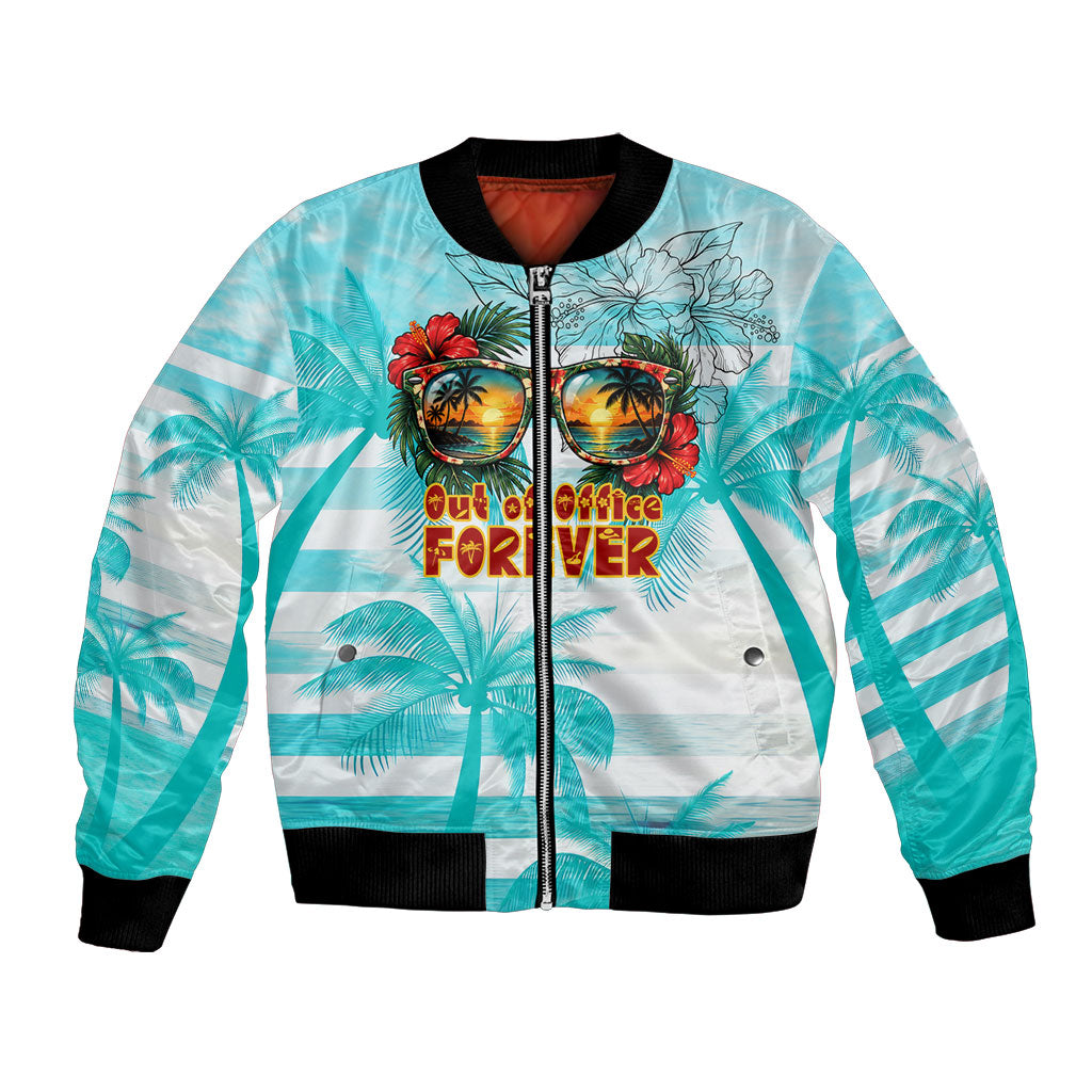 Out Of Office Retired Relocated Bomber Jacket Tropical Island Hawaiian Beach Sunset Sunglasses Suitcase TS04 Unisex Blue White - Polynesian Pride