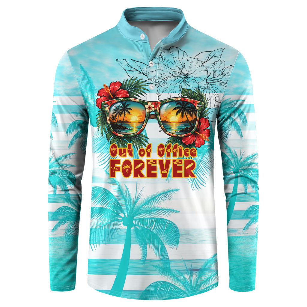 Out Of Office Retired Relocated Button Sweatshirt Tropical Island Hawaiian Beach Sunset Sunglasses Suitcase TS04 Blue White - Polynesian Pride