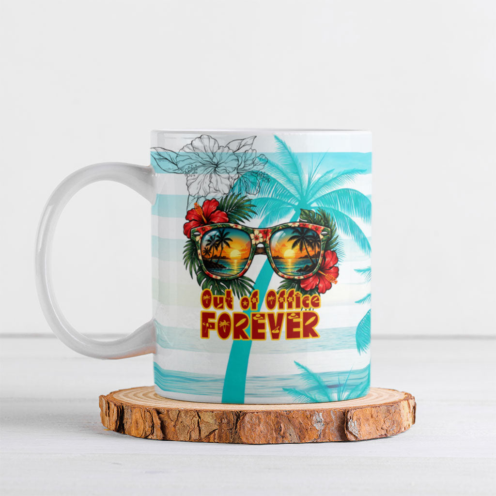 Out Of Office Retired Relocated Ceramic Mug Tropical Island Hawaiian Beach Sunset Sunglasses Suitcase TS04 Blue White - Polynesian Pride