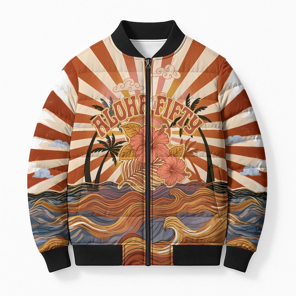 Aloha Nifty 50th Birthday Hawaii Bomber Puffer Jacket Vintage Retro Sunburst Tropical Palm Tree Surfboard Art
