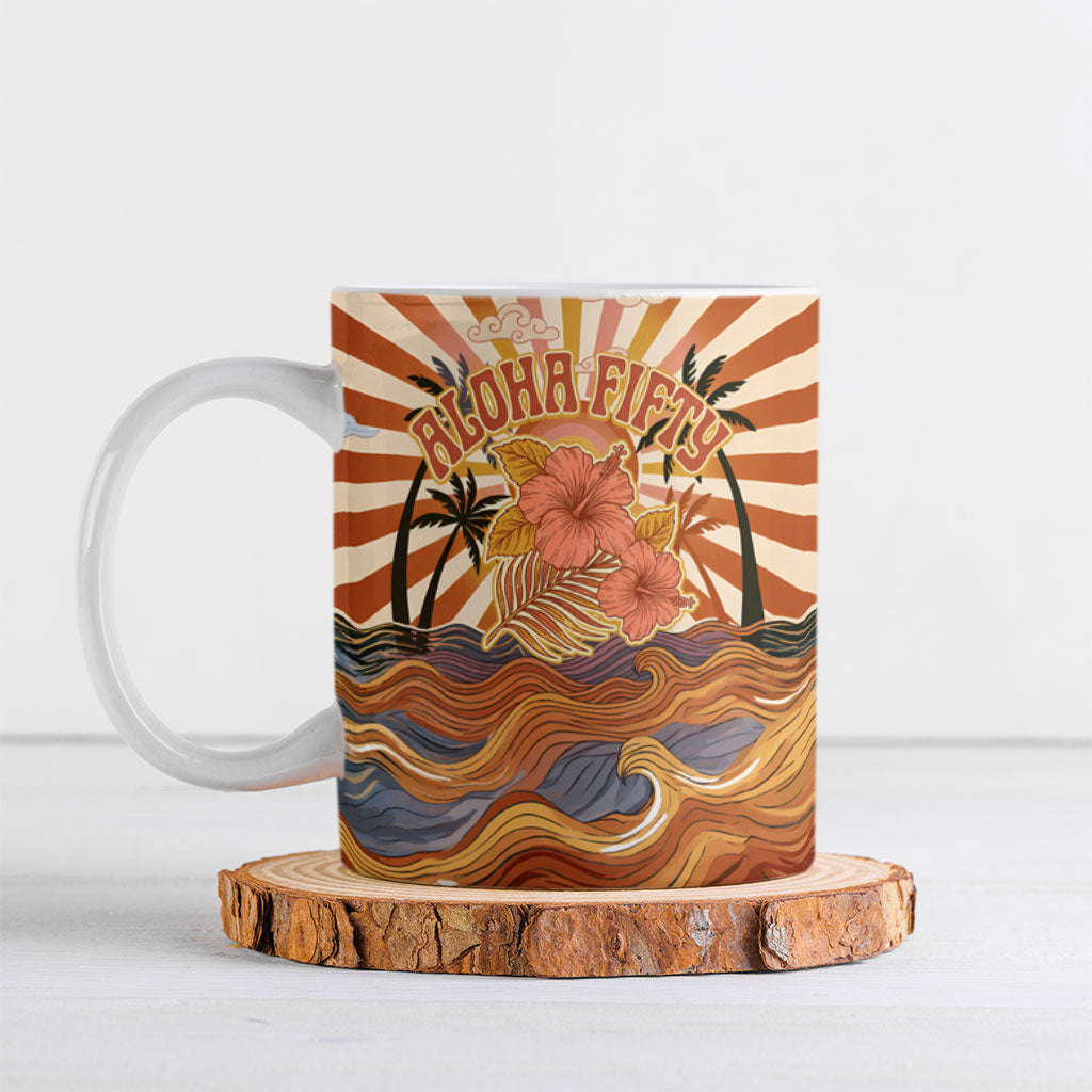 Aloha Nifty 50th Birthday Hawaii Ceramic Mug Vintage Retro Sunburst Tropical Palm Tree Surfboard Art TS04 Orange Beige - Polynesian Pride