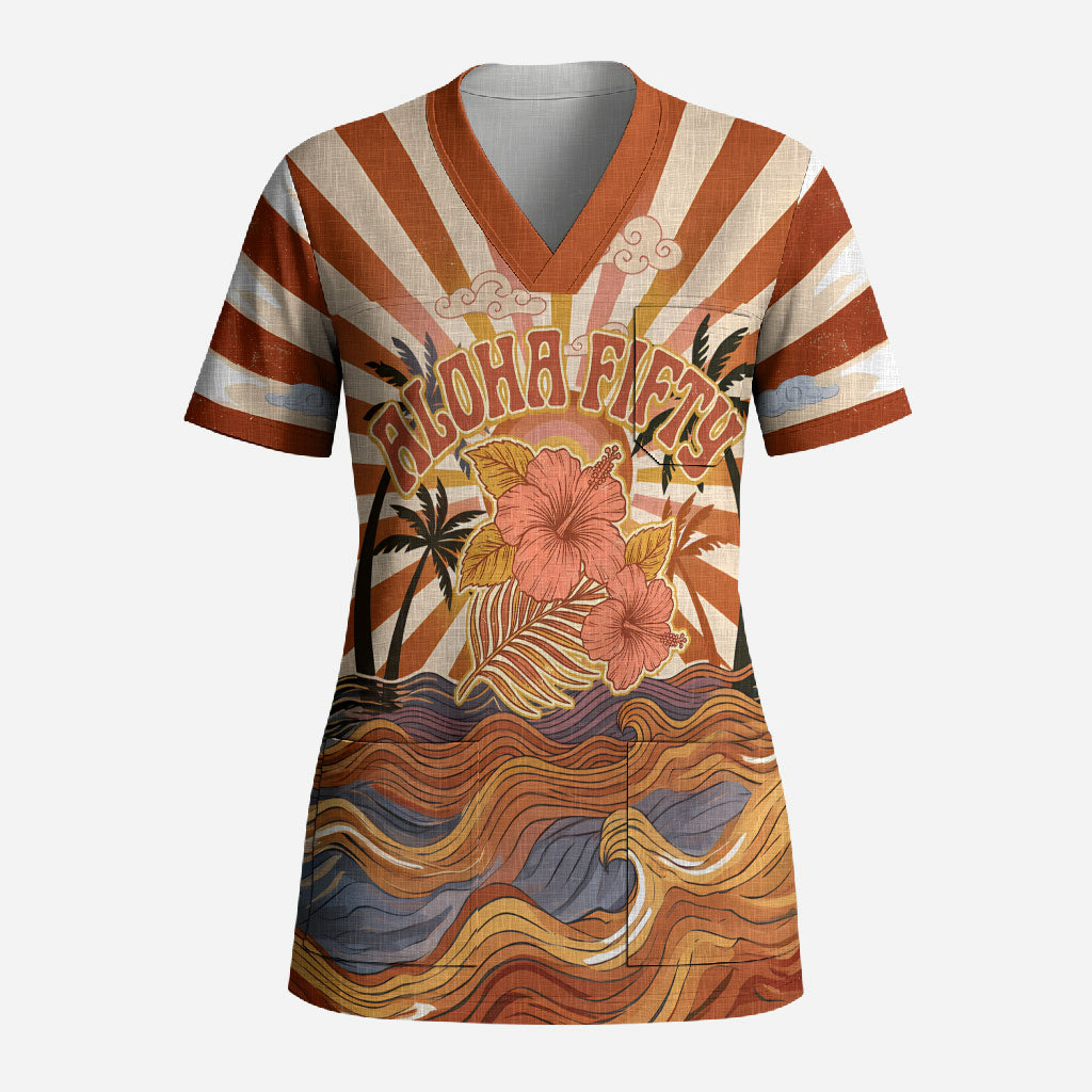 Aloha Nifty 50th Birthday Hawaii Scrub Top Vintage Retro Sunburst Tropical Palm Tree Surfboard Art