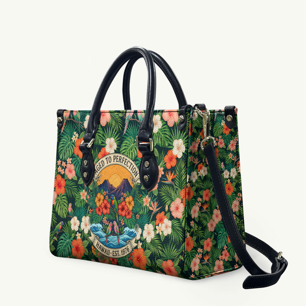 Hawaii 50th Birthday Leather Bag Tropical Vintage Floral Hibiscus Parrot Island Sunset Art TS04 Green Pink - Polynesian Pride