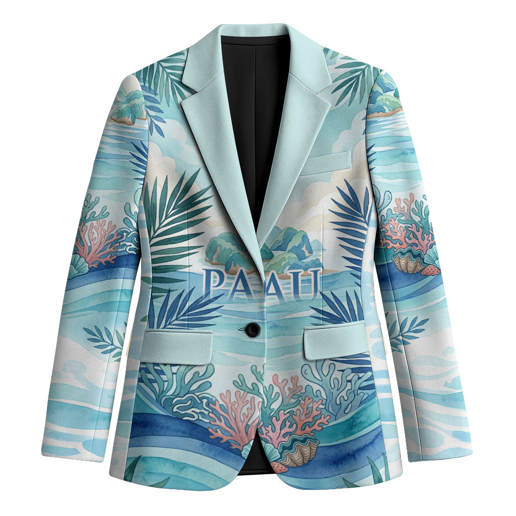Palau Islands Of Wonder Natural Nature Blazer Watercolor Tropical Beach Waterfall Coral Reef Palm Leaves TS04 Unisex Blue Green - Polynesian Pride