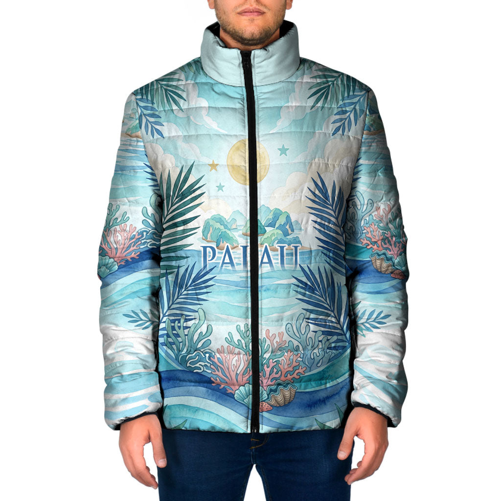 Palau Islands Of Wonder Natural Nature Padded Jacket Watercolor Tropical Beach Waterfall Coral Reef Palm Leaves TS04 Men Blue Green - Polynesian Pride
