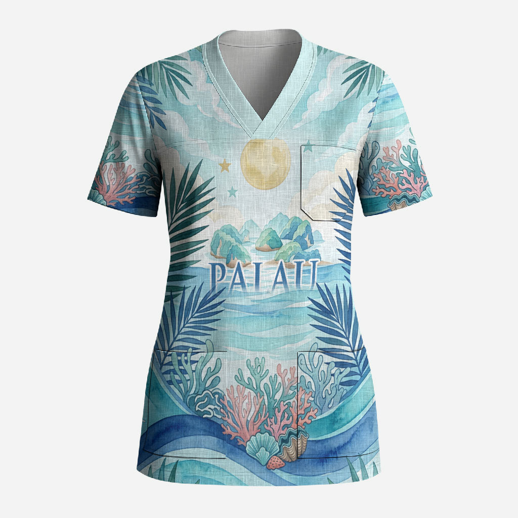 Palau Islands Of Wonder Natural Nature Scrub Top Watercolor Tropical Beach Waterfall Coral Reef Palm Leaves TS04 Adult Blue Green - Polynesian Pride