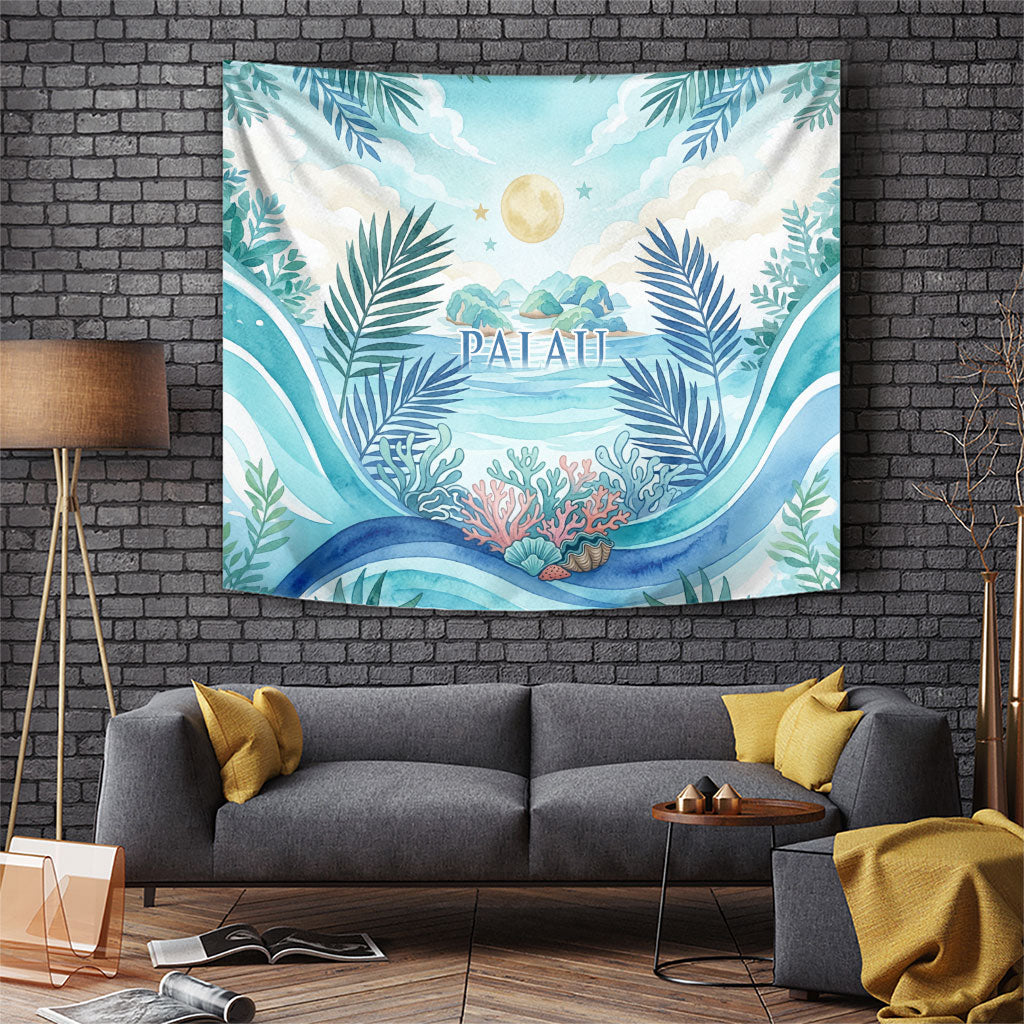 Palau Islands Of Wonder Natural Nature Tapestry Watercolor Tropical Beach Waterfall Coral Reef Palm Leaves TS04 Blue Green - Polynesian Pride