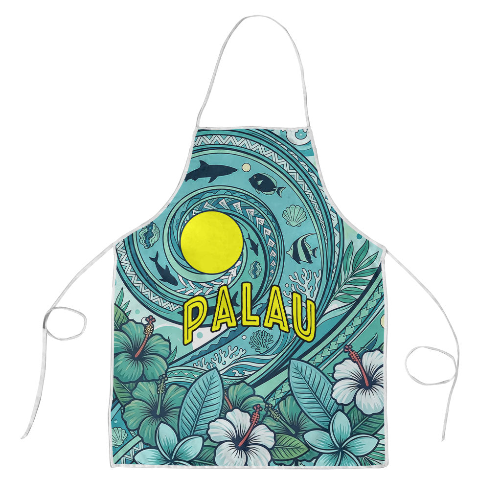 Palau Official Seal Flag Apron Tribal Pattern Ocean Marine Life Tropical Hibiscus TS04 Blue Green - Polynesian Pride