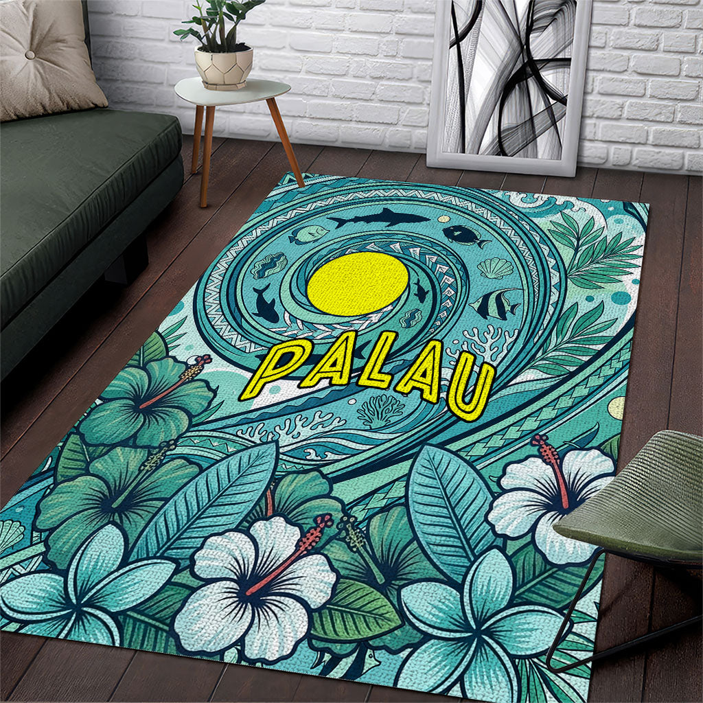 Palau Official Seal Flag Area Rug Tribal Pattern Ocean Marine Life Tropical Hibiscus TS04 Blue Green - Polynesian Pride
