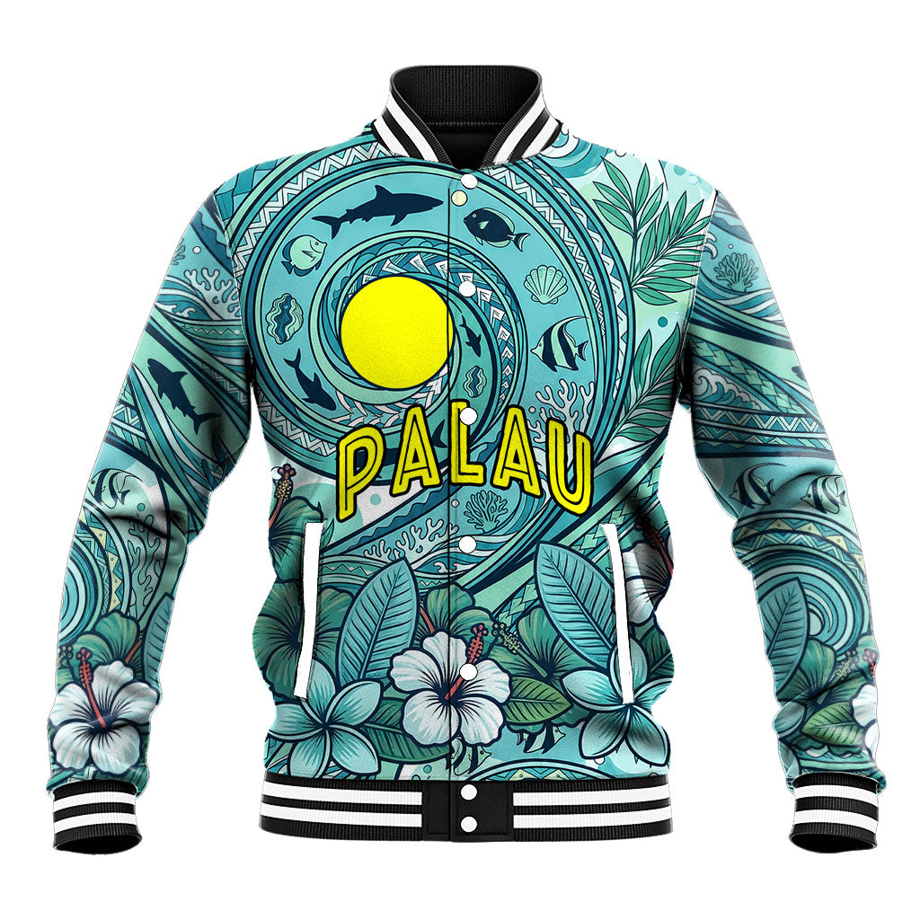 Palau Official Seal Flag Baseball Jacket Tribal Pattern Ocean Marine Life Tropical Hibiscus TS04 Unisex Blue Green - Polynesian Pride