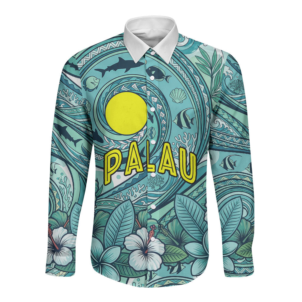 Palau Official Seal Flag Long Sleeve Button Shirt Tribal Pattern Ocean Marine Life Tropical Hibiscus TS04 Unisex Blue Green - Polynesian Pride