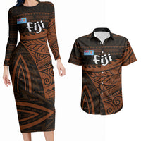 Straight Outta Kadavu Fiji Couples Matching Long Sleeve Bodycon Dress and Hawaiian Shirt Tribal Polynesian Tattoo Coat Of Arms Flag TS04 Brown Black - Polynesian Pride